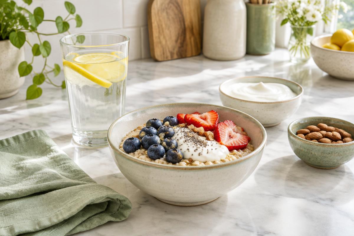 Oatmeal with berries, yogurt, almonds and a glass of lemon water